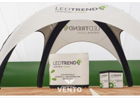 Stand made of modern VENTO tent, exhibition VENTO counter and advertising folding cube.